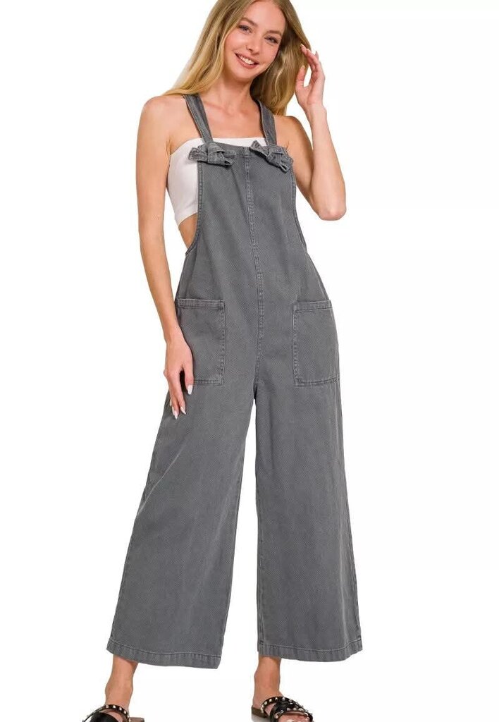 Zenana NWT Washed Knot Strap Pockets Overalls in Charcoal - Size Small