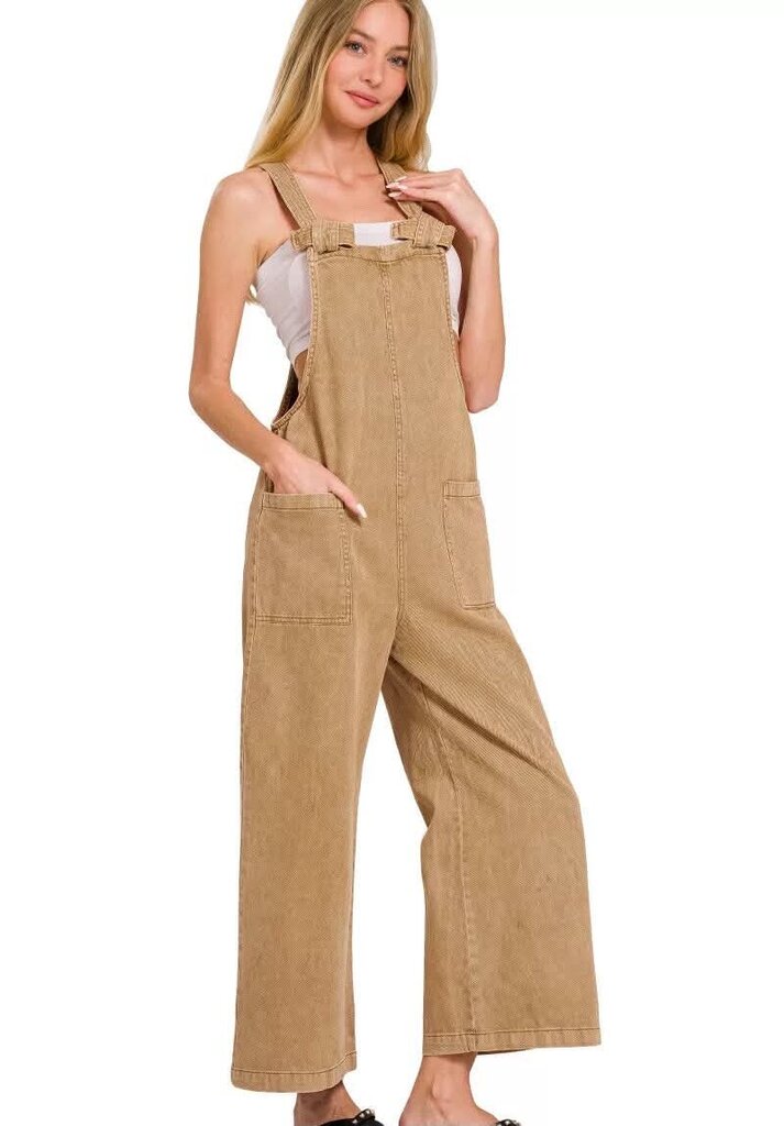 Zenana NWT Washed Knot Strap Overalls in Light Camel - Size Small
