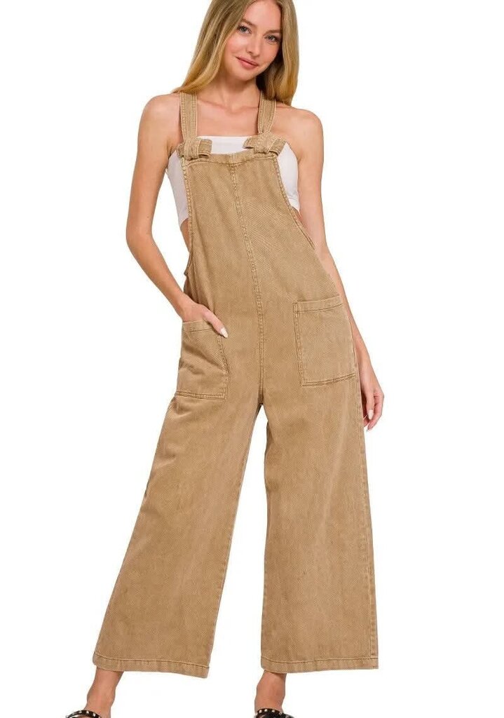 Zenana NWT Washed Knot Strap Overalls in Light Camel - Size Small