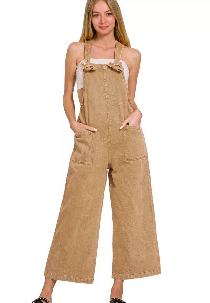 Zenana NWT Washed Knot Strap Overalls in Light Camel - Size Small