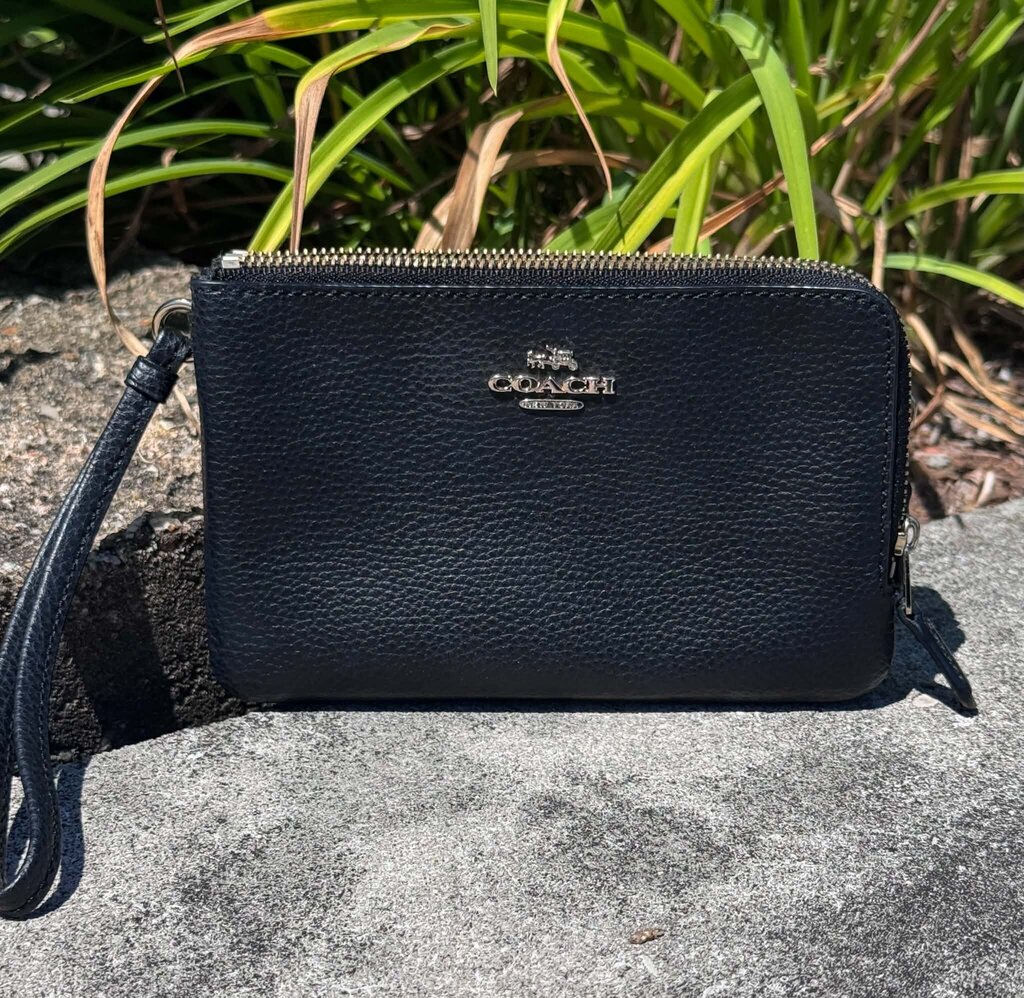 Coach Black Pebble Leather Double Zip Wristlet