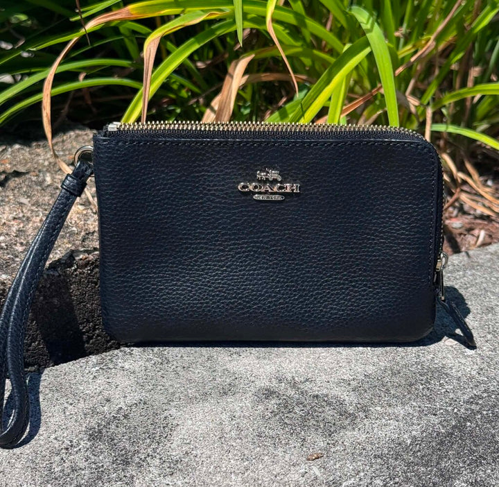 Coach Black Pebble Leather Double Zip Wristlet