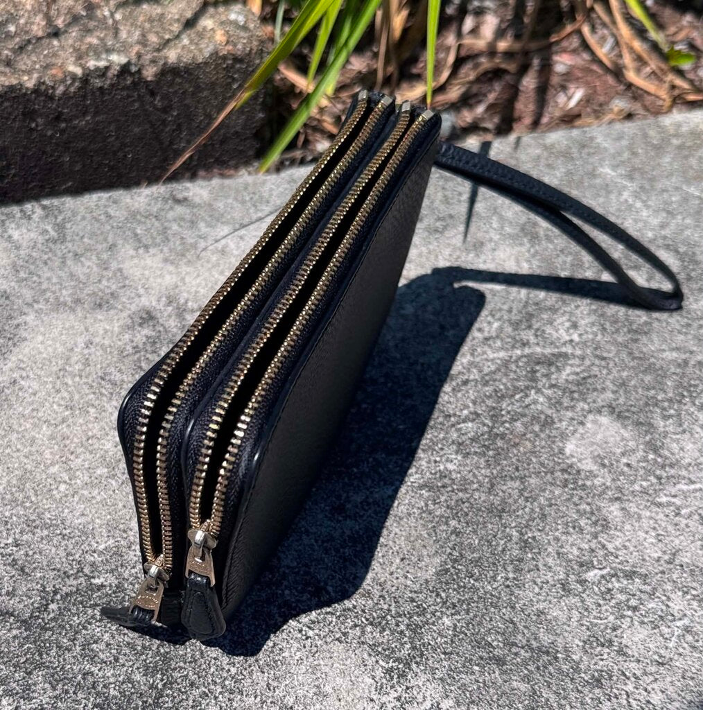 Coach Black Pebble Leather Double Zip Wristlet