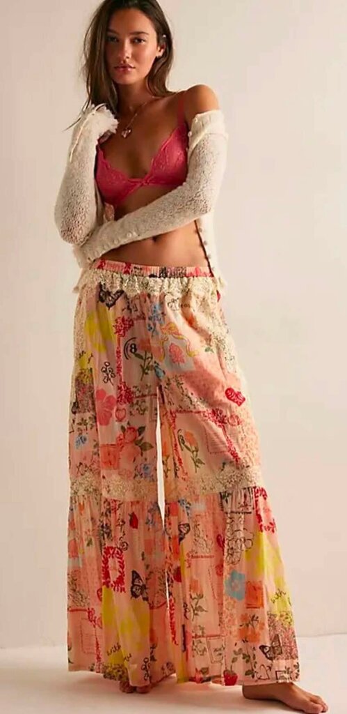 Free People NWT Lucky In Love Lounge Pants In Peach Combo - Size Small (Retails For $148)