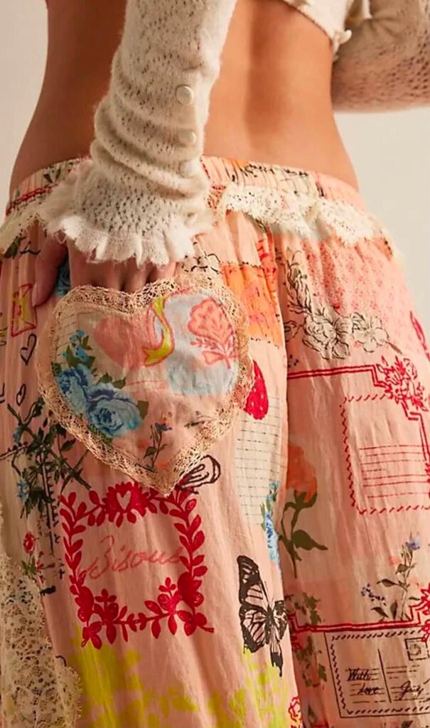 Free People NWT Lucky In Love Lounge Pants In Peach Combo - Size Small (Retails For $148)