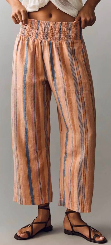 Pilcro NWT Reese Smocked Pull-On Barrel-Leg Pants In Beach Babe Stripe-Melon - Size Small (Retails For $128)