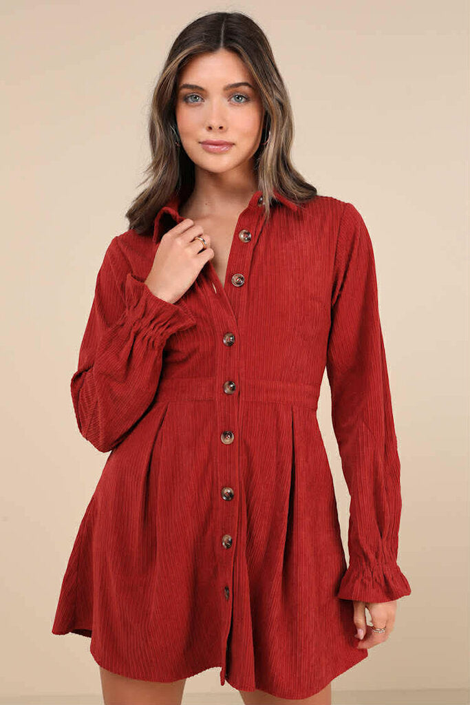 Lulus NWT Autumn Mood Rust Red Corduroy Mini Dress - Size XS