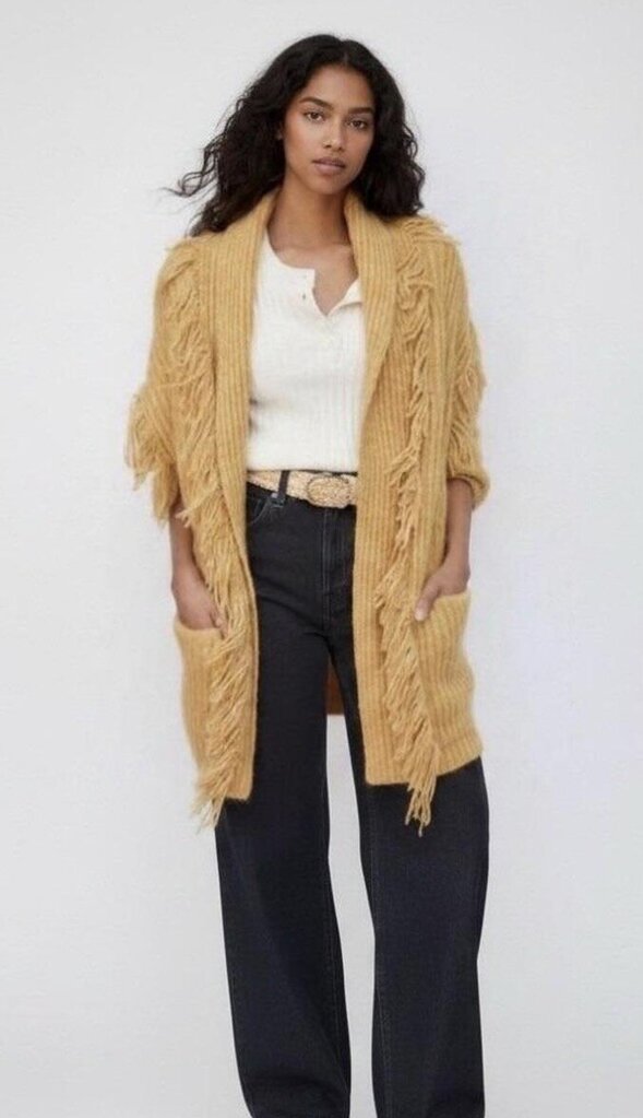 Anthropologie Amanza Fringed Chunky Knit Cardigan In Mustard - Size M/L
