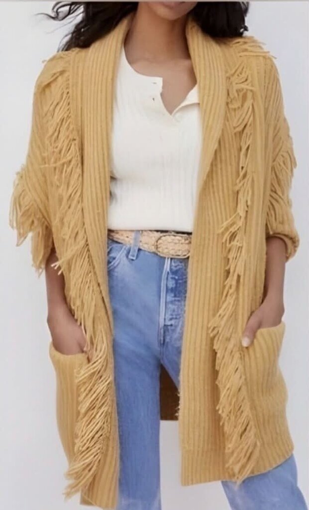 Anthropologie Amanza Fringed Chunky Knit Cardigan In Mustard - Size M/L