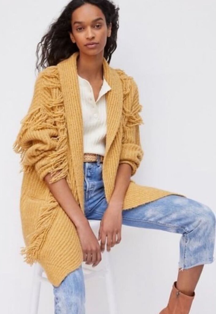 Anthropologie Amanza Fringed Chunky Knit Cardigan In Mustard - Size M/L