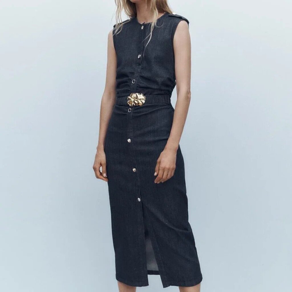 Zara - Z1975 Draped Denim Midi Dress With Belt - L - Indigo