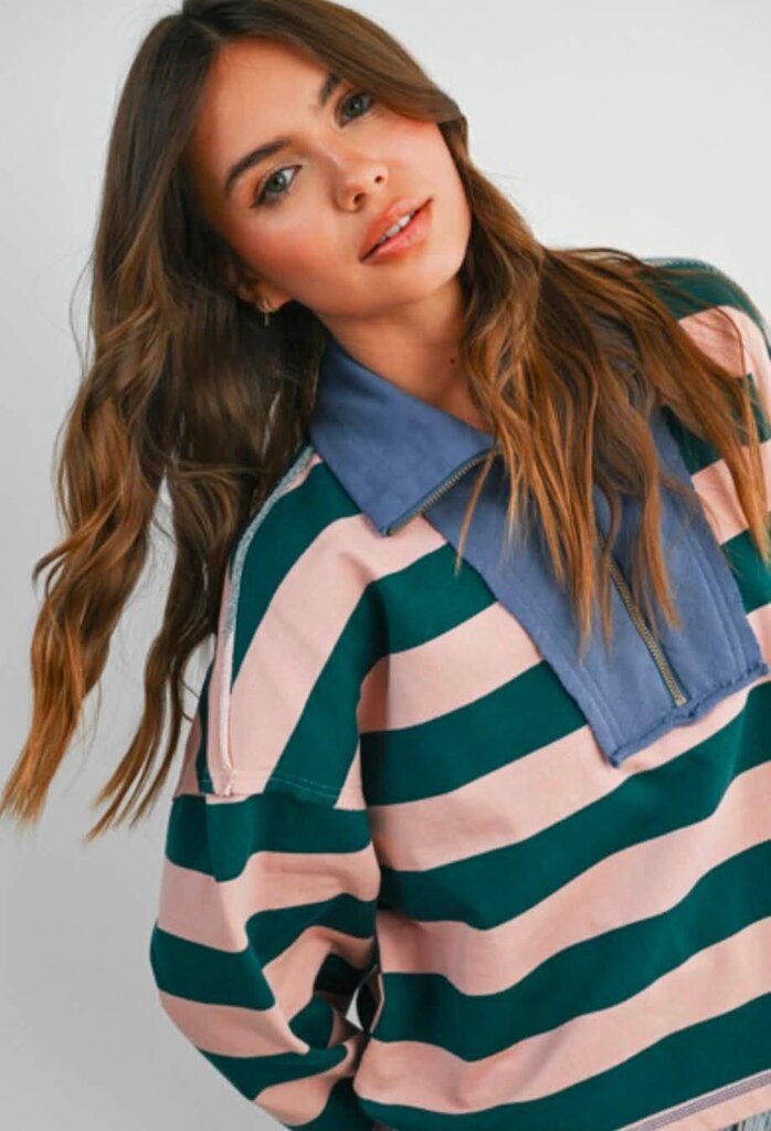 Buttermelon Striped Quarter Zip Contrast Collar Sweatshirt - Size Medium