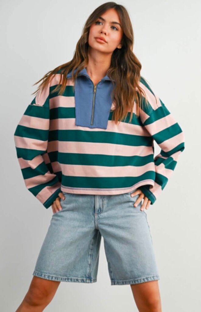Buttermelon Striped Quarter Zip Contrast Collar Sweatshirt - Size Medium