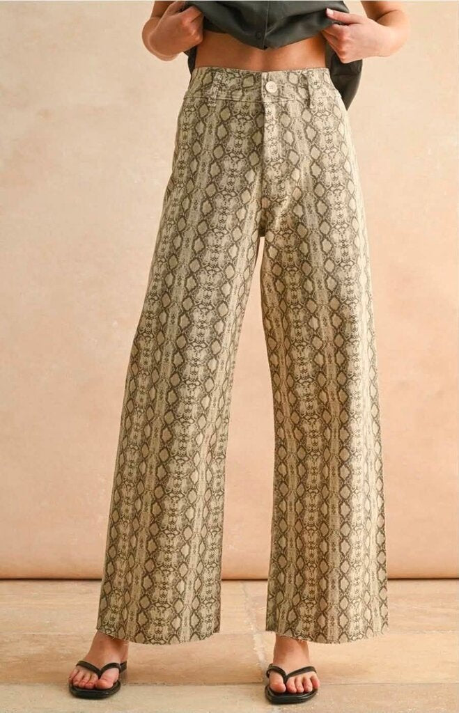 Miou Muse Snake Print Wide Leg Jeans In Taupe - Size Medium