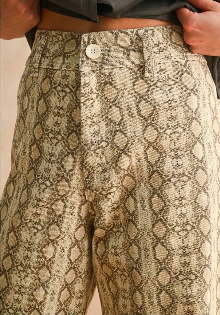 Miou Muse Snake Print Wide Leg Jeans In Taupe - Size Medium