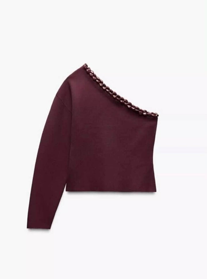 Zara Asymmetric Bobble Knit Sweater In Eggplant- Size Small