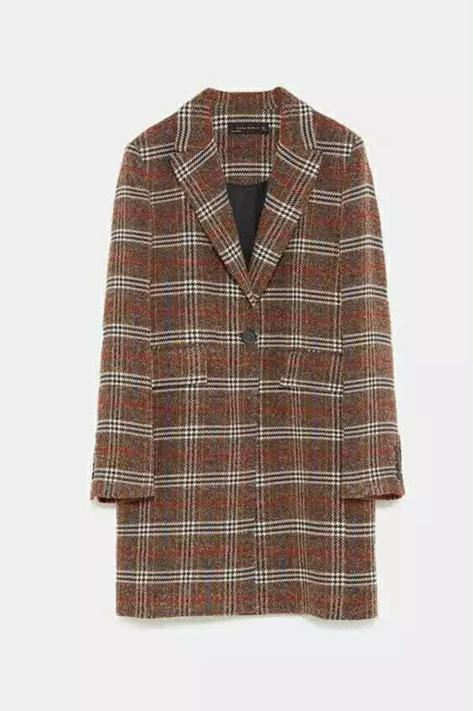 Zara Brown Checkered Single Breasted Jacket- Size XS