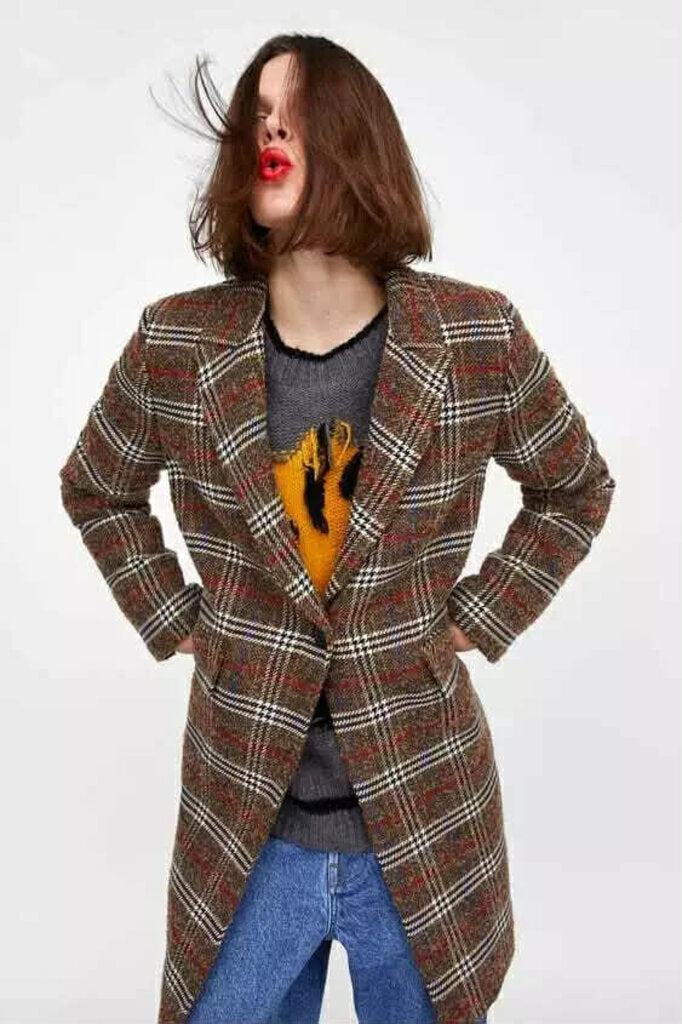 Zara Brown Checkered Single Breasted Jacket- Size XS