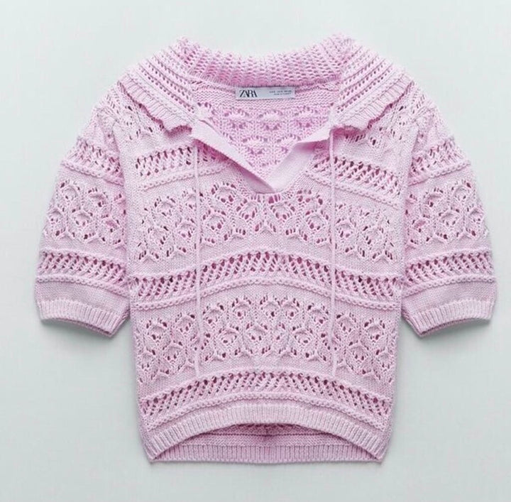 Zara Pointelle Knit Cropped Sweater Top - Size Medium