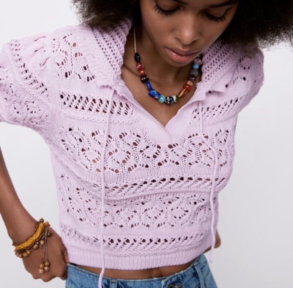 Zara Pointelle Knit Cropped Sweater Top - Size Medium