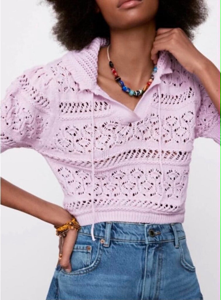 Zara Pointelle Knit Cropped Sweater Top - Size Medium