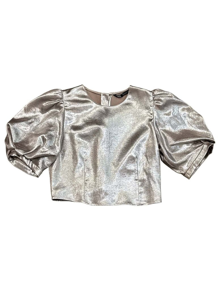 Zara Metallic Effect Puff Sleeve Cropped Top - Size Smal