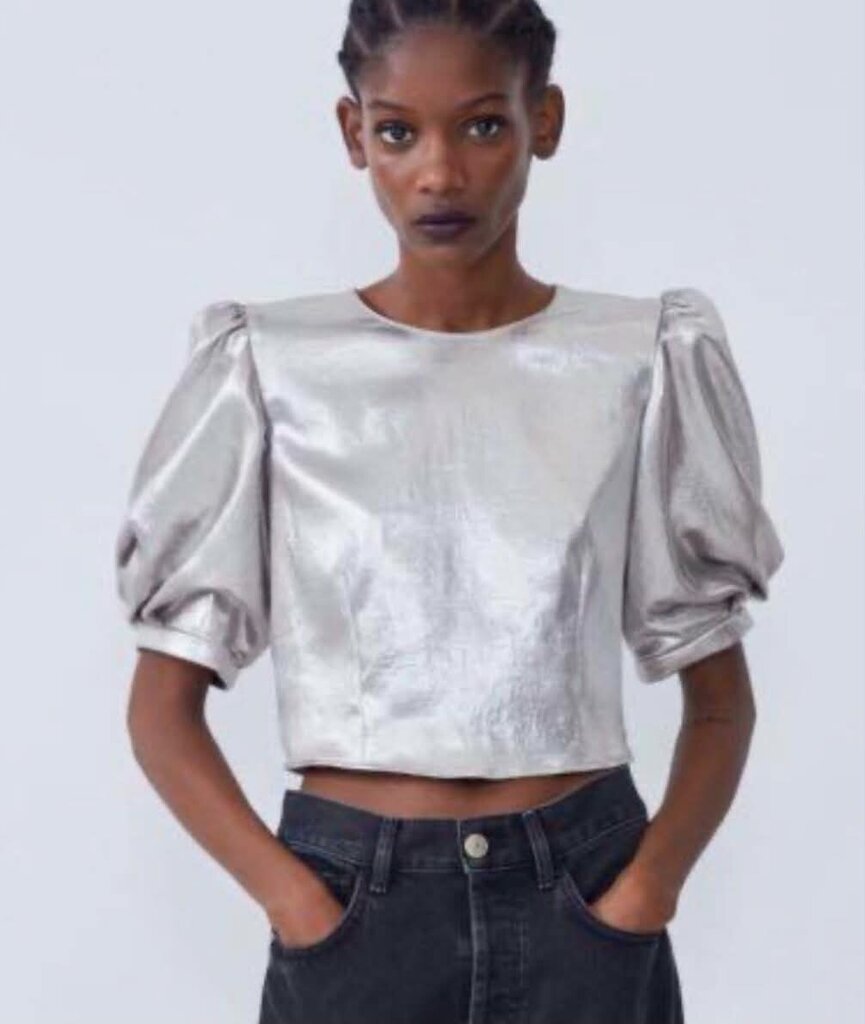 Zara Metallic Effect Puff Sleeve Cropped Top - Size Smal