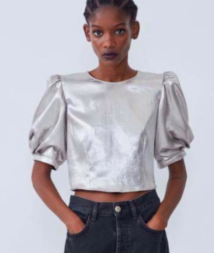 Zara Metallic Effect Puff Sleeve Cropped Top - Size Smal