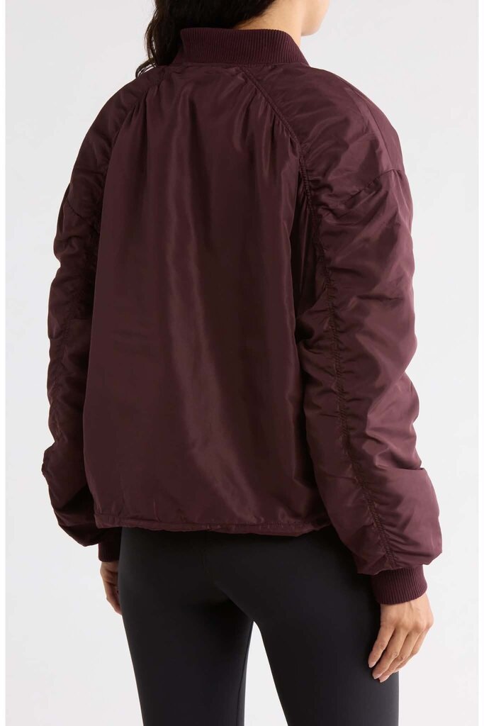 Z by Zella Ruched Sleeve Bomber Jacket in Burgundy-Size XS