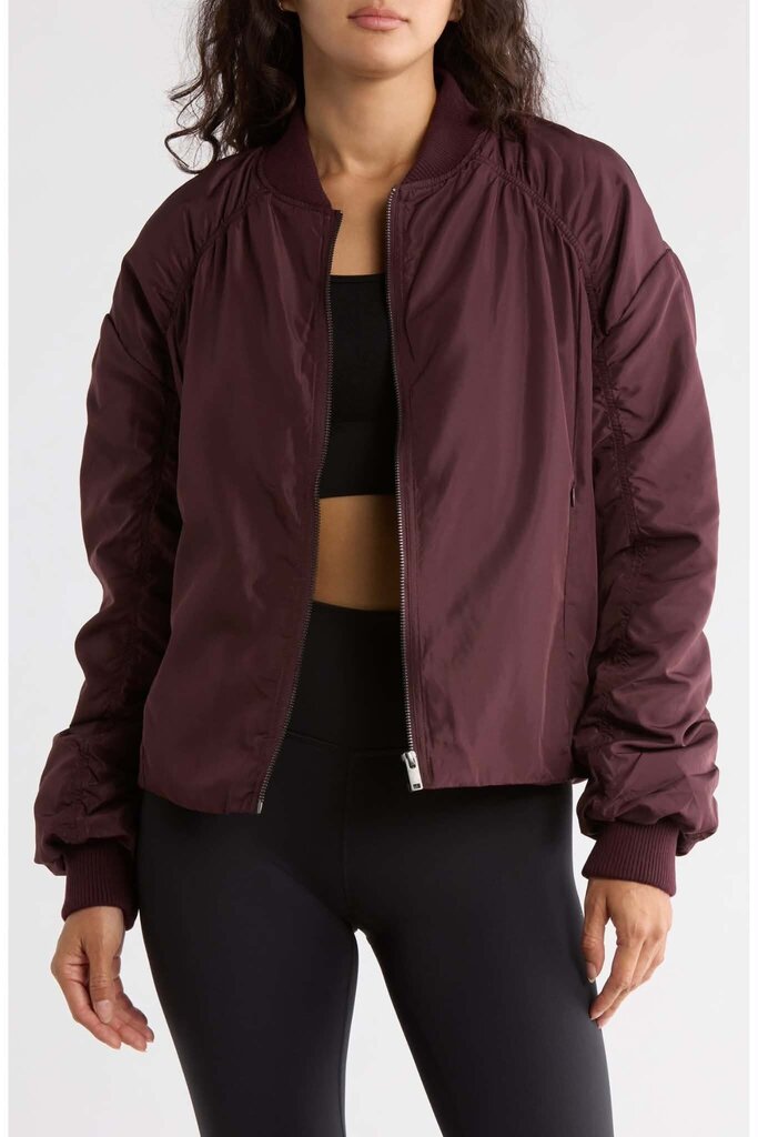 Z by Zella Ruched Sleeve Bomber Jacket in Burgundy-Size XS