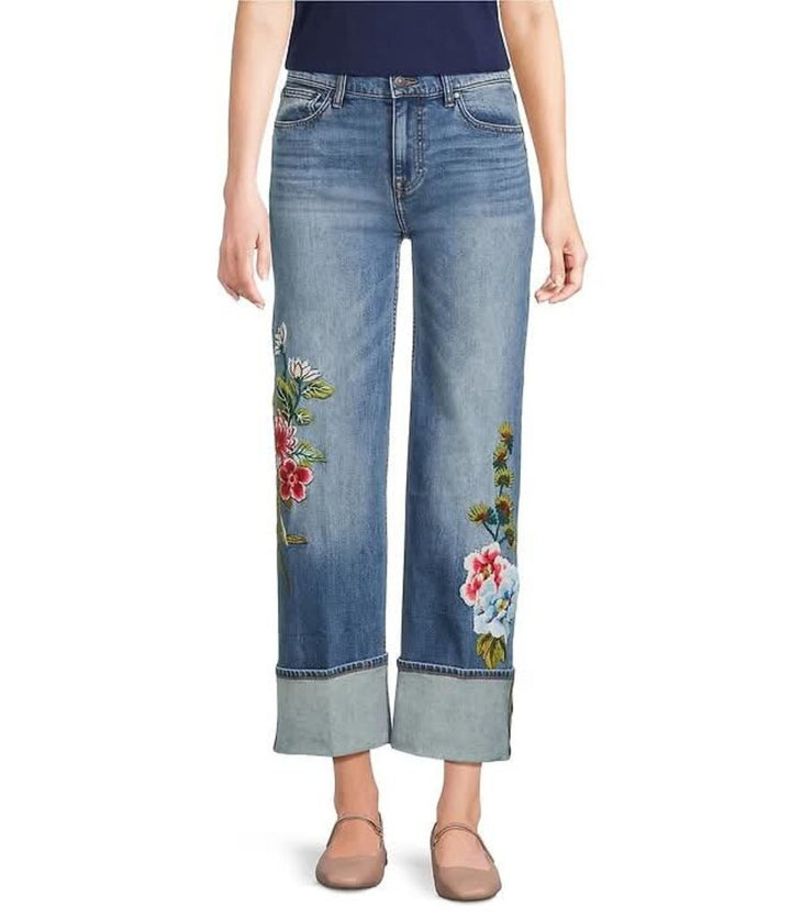 Johnny Was NWT Stretch Denim Floral Embroidered Cuffed Wide Leg Jeans - Size 27 (Retails for $348)