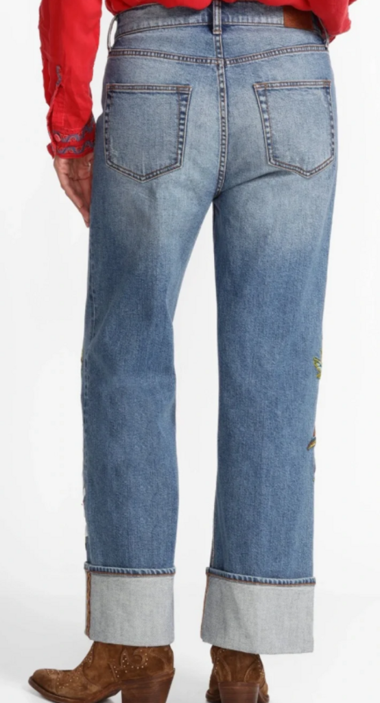 Johnny Was NWT Stretch Denim Floral Embroidered Cuffed Wide Leg Jeans - Size 27 (Retails for $348)