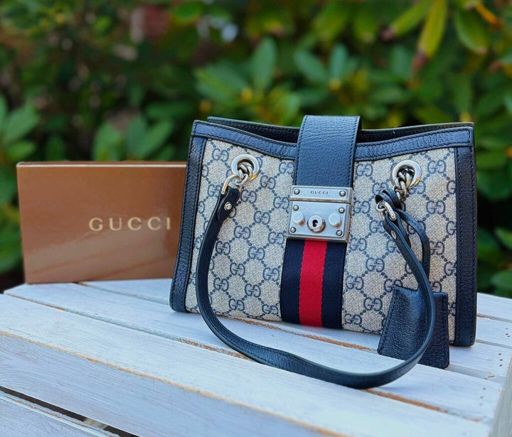 Gucci GG Supreme Dollar Calfskin Web Small Padlock Tote