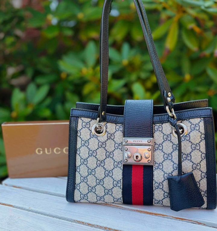 Gucci GG Supreme Dollar Calfskin Web Small Padlock Tote