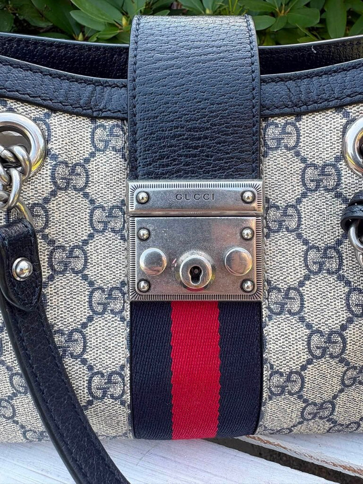 Gucci GG Supreme Dollar Calfskin Web Small Padlock Tote