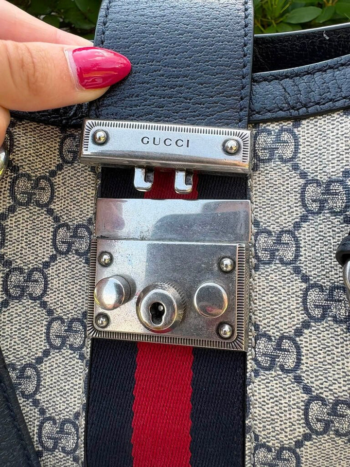 Gucci GG Supreme Dollar Calfskin Web Small Padlock Tote