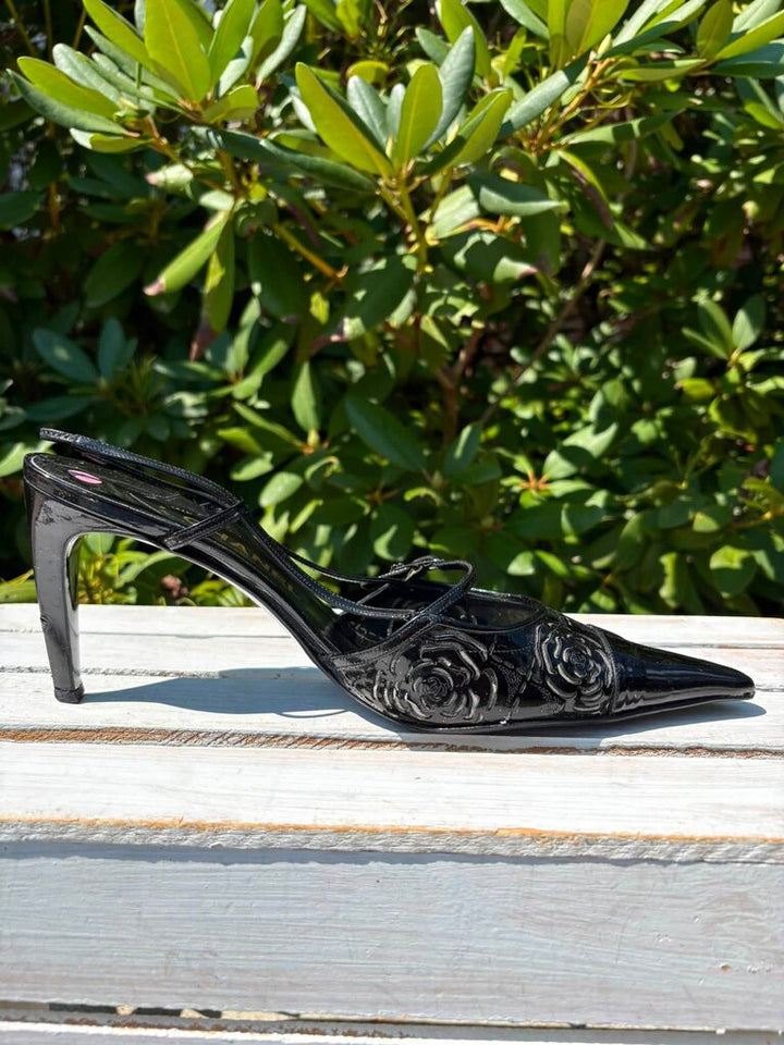 Chanel Camellia Floral Slingback Patent Leather Pumps - Size 41