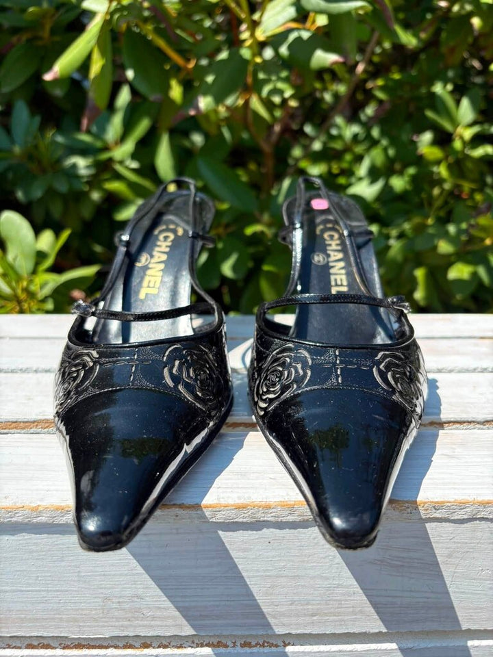 Chanel Camellia Floral Slingback Patent Leather Pumps - Size 41