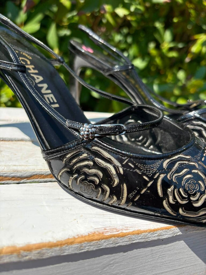 Chanel Camellia Floral Slingback Patent Leather Pumps - Size 41