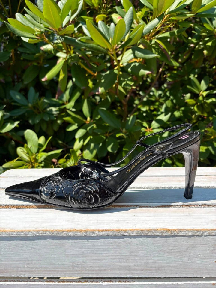 Chanel Camellia Floral Slingback Patent Leather Pumps - Size 41