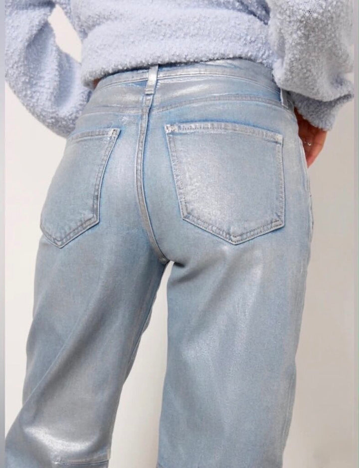Kut From The Kloth Ashley High Rise Silver Foil Slouchy Barrel Jeans NWT - Size 2