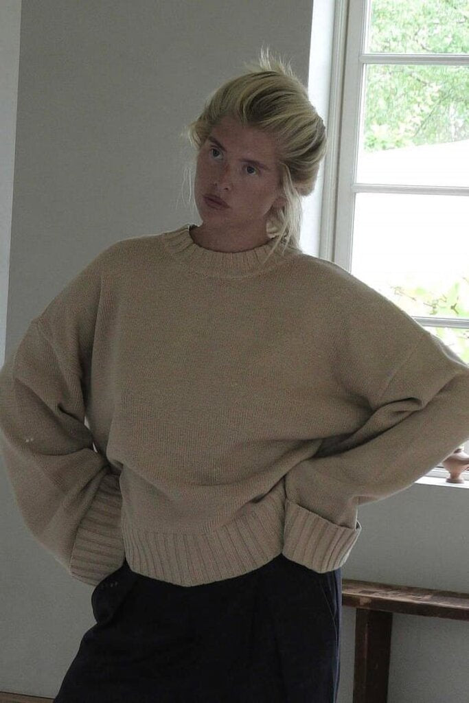 Na-kd Folded Sleeve Knitted Sweater in Beige - Size Large