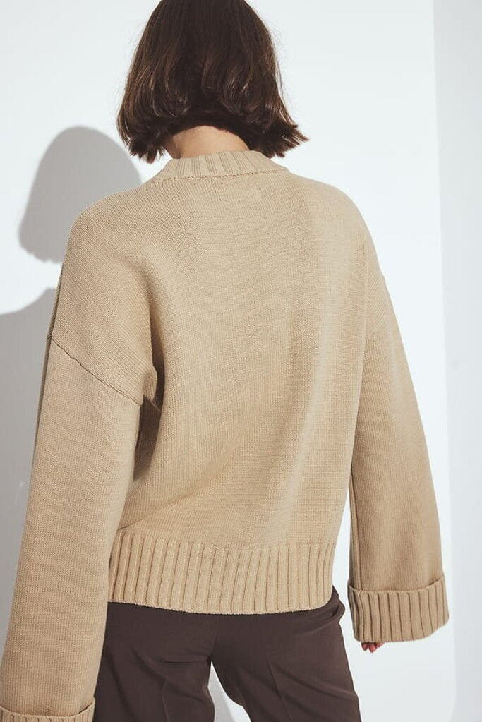 Na-kd Folded Sleeve Knitted Sweater in Beige - Size Large