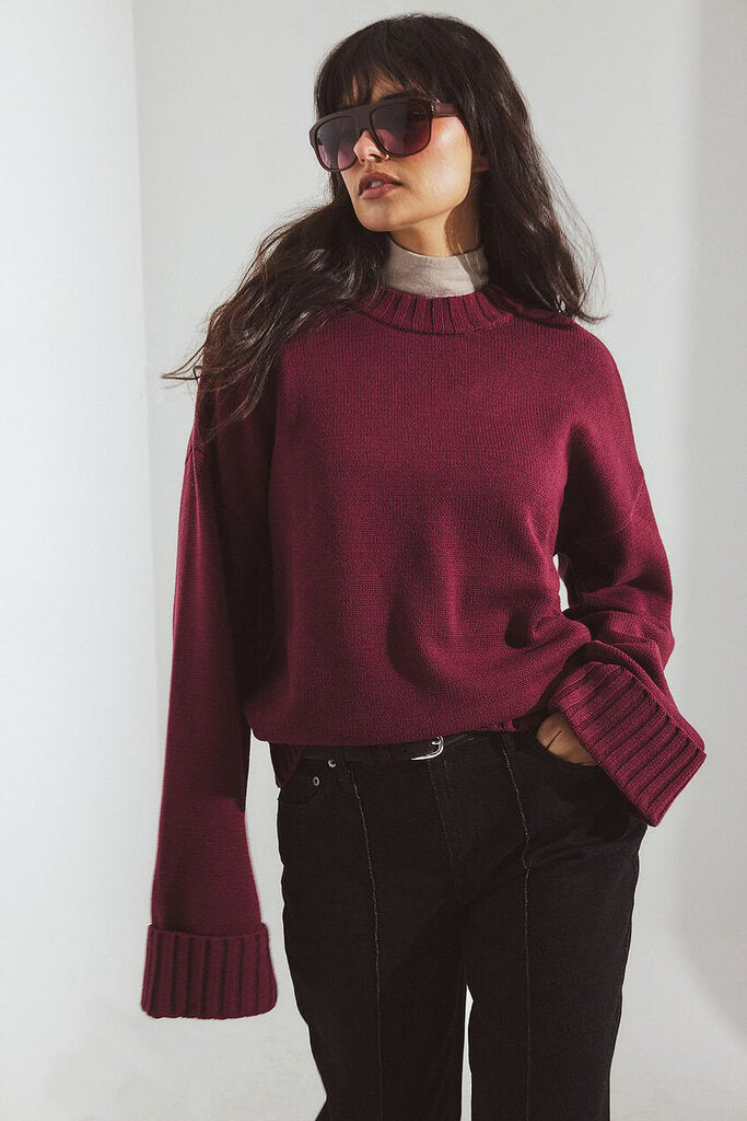 Na-kd Folded Sleeve Knitted Sweater in Burgundy - Size Large
