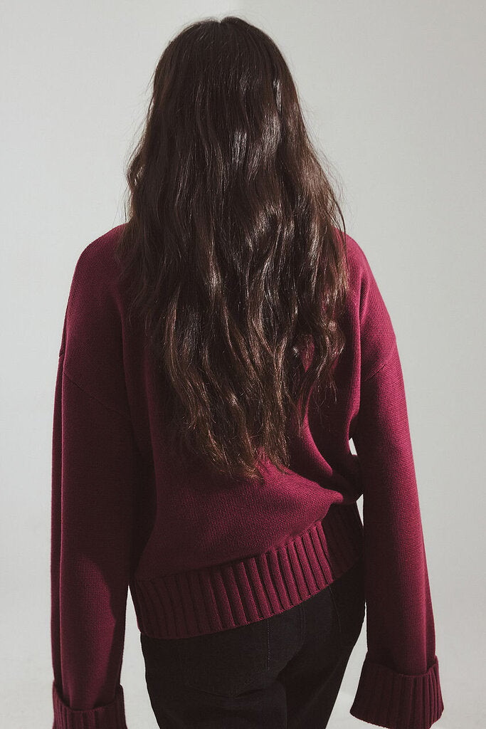 Na-kd Folded Sleeve Knitted Sweater in Burgundy - Size Large