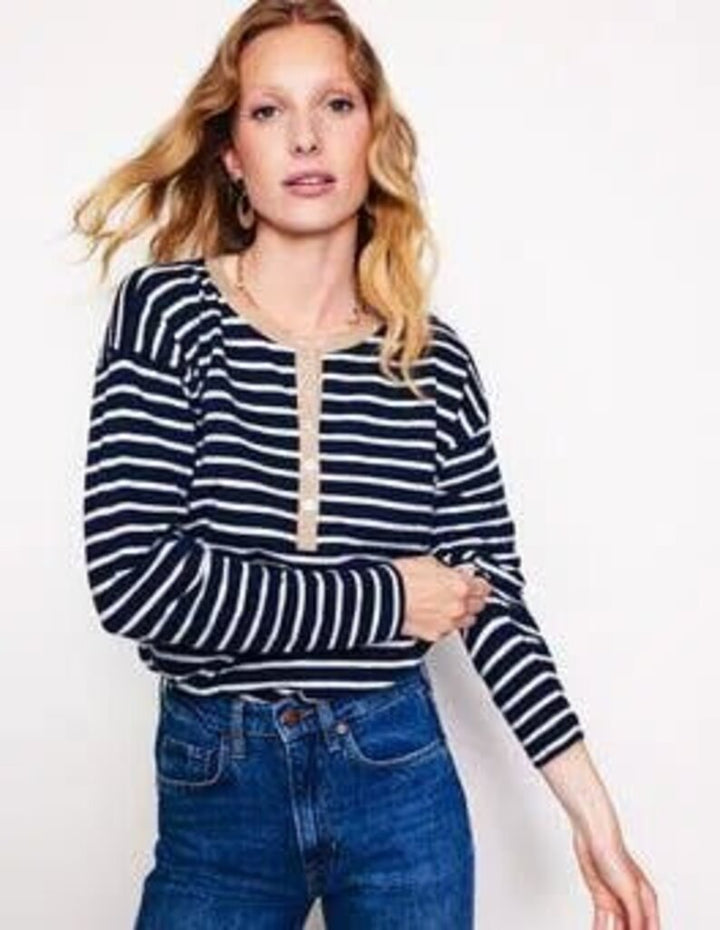 Boden Metallic Trim Henley Top In Blue - Size 10