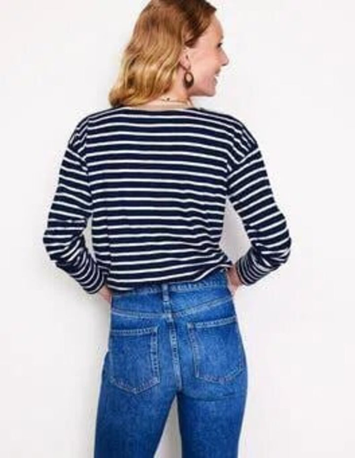 Boden Metallic Trim Henley Top In Blue - Size 10