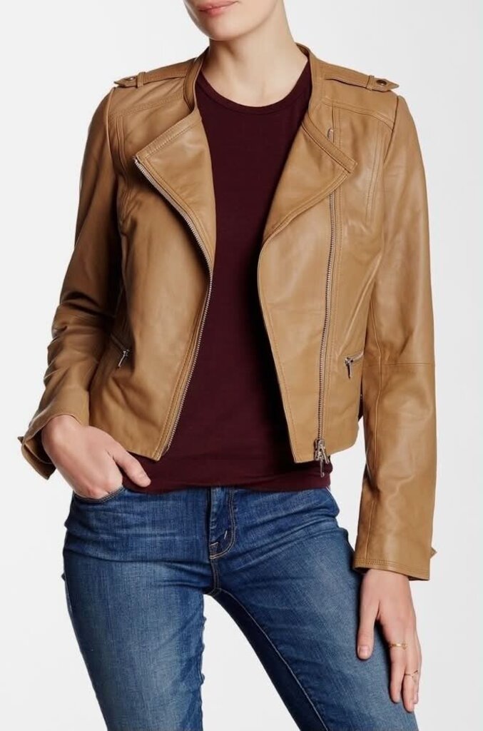 Joie Odina Asymmestrical Zip Lambskin Camel Jacket - Size XS