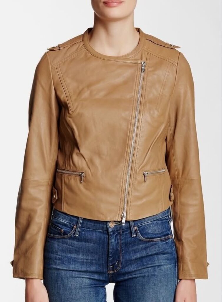 Joie Odina Asymmestrical Zip Lambskin Camel Jacket - Size XS