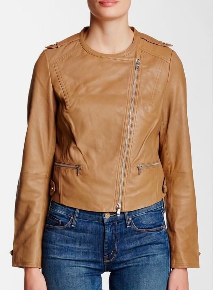 Joie Odina Asymmestrical Zip Lambskin Camel Jacket - Size XS